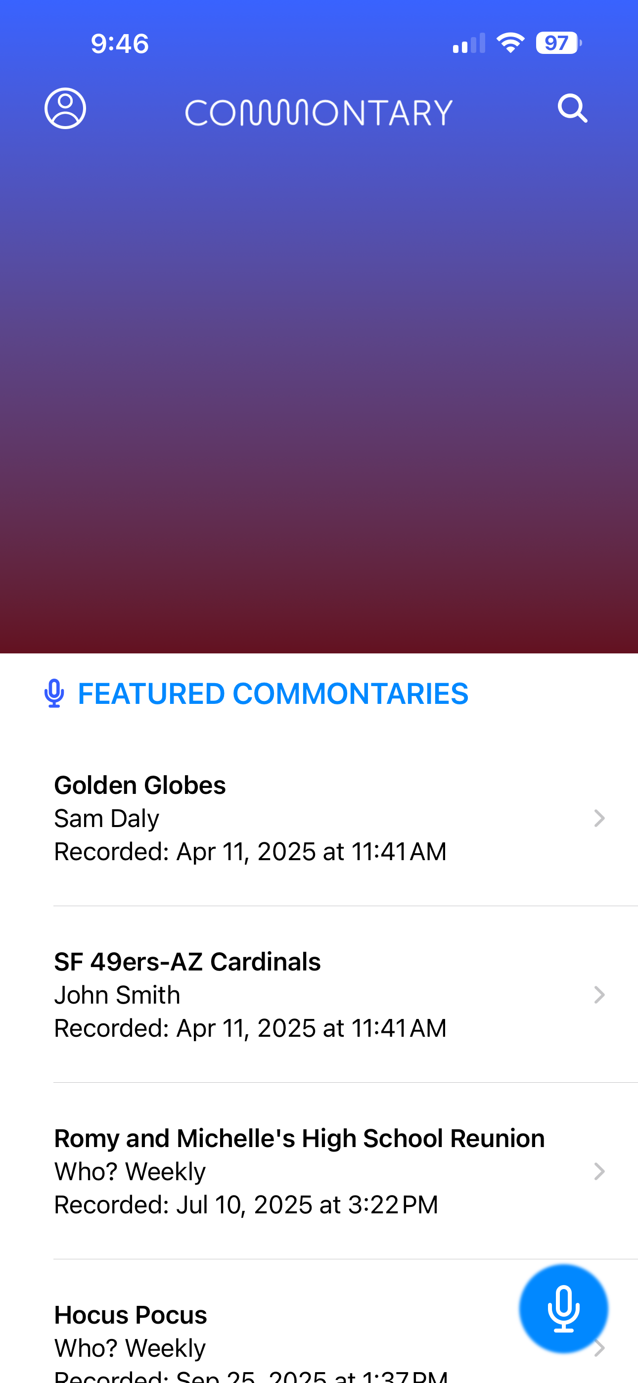Screenshot of the Commontary App's Featured Commentaries Screen
