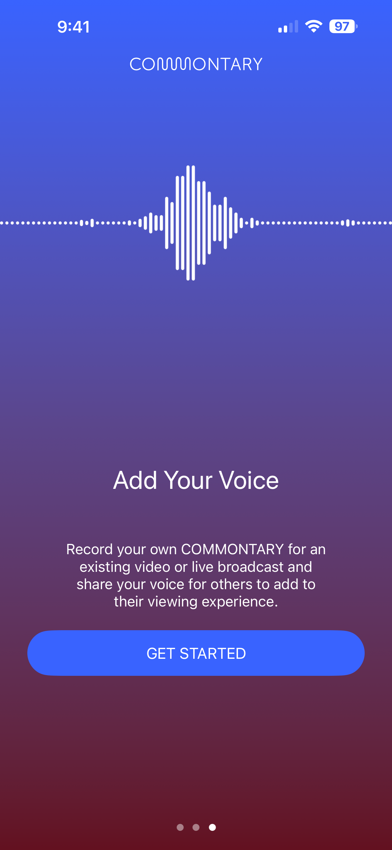 Screenshot of the Commontary App's Onboarding Screen